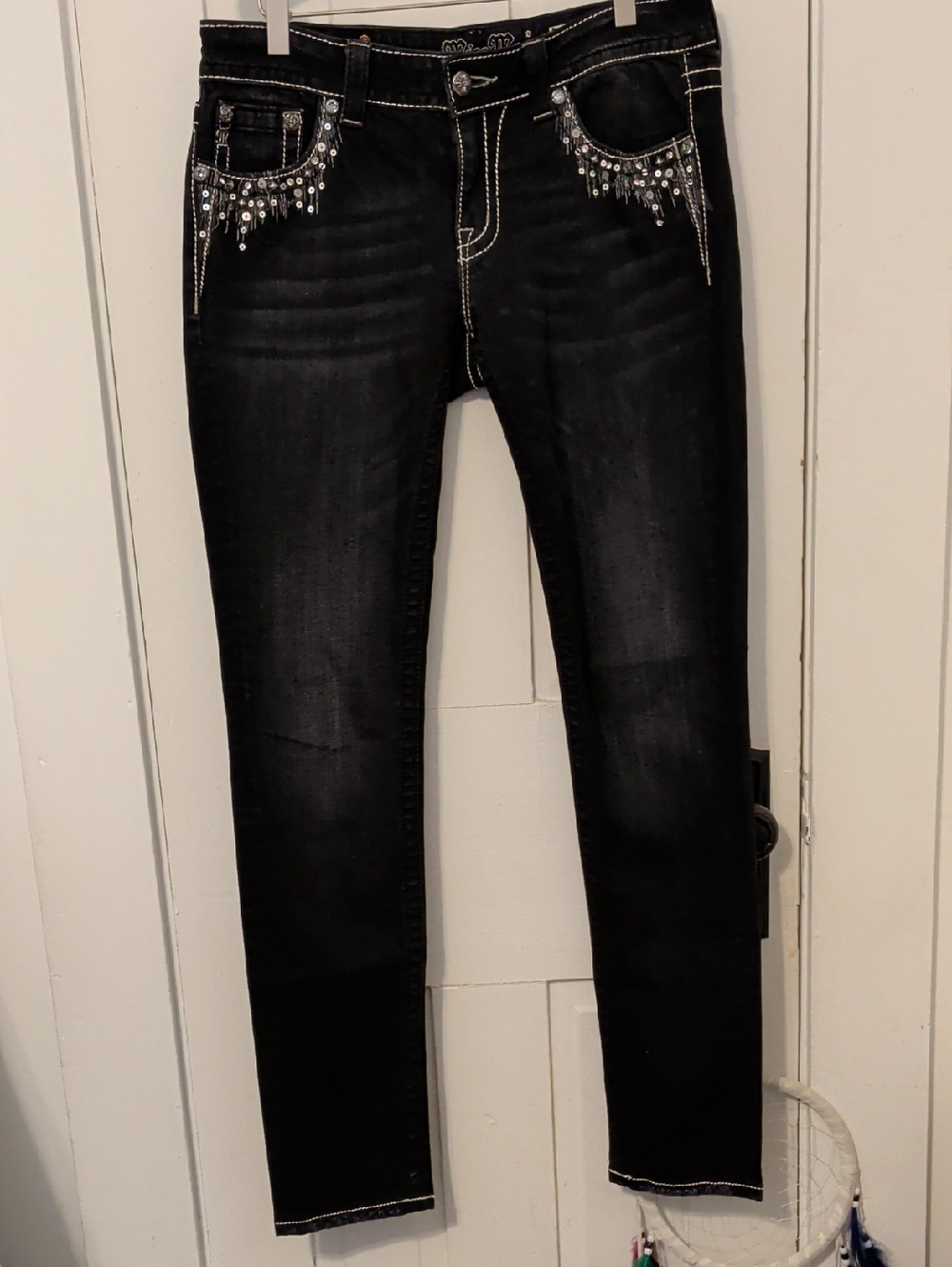 Miss Me Black Skinny Jeans with Rhinestone Fringe